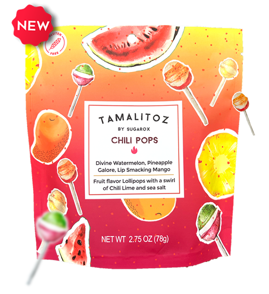 Tamalitoz Chili Pops pouch with images of sweet and spicy lollipops.